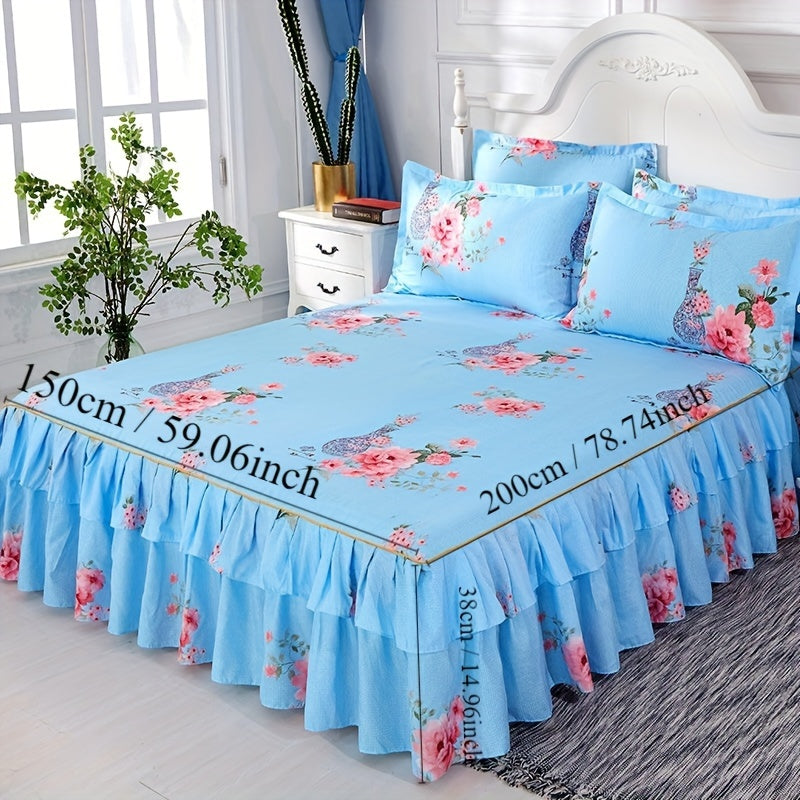 Set of 3 Tropical Floral Bed Skirt Pieces - Includes 1 Lace Non-Slip Bed Skirt and 2 Pillowcases, Polyester Bedding with Ruffled Edges for All Seasons, Machine Washable - Elegant Purple for Bedroom and Guest Room Decor, Bedding Set, Core Not Included