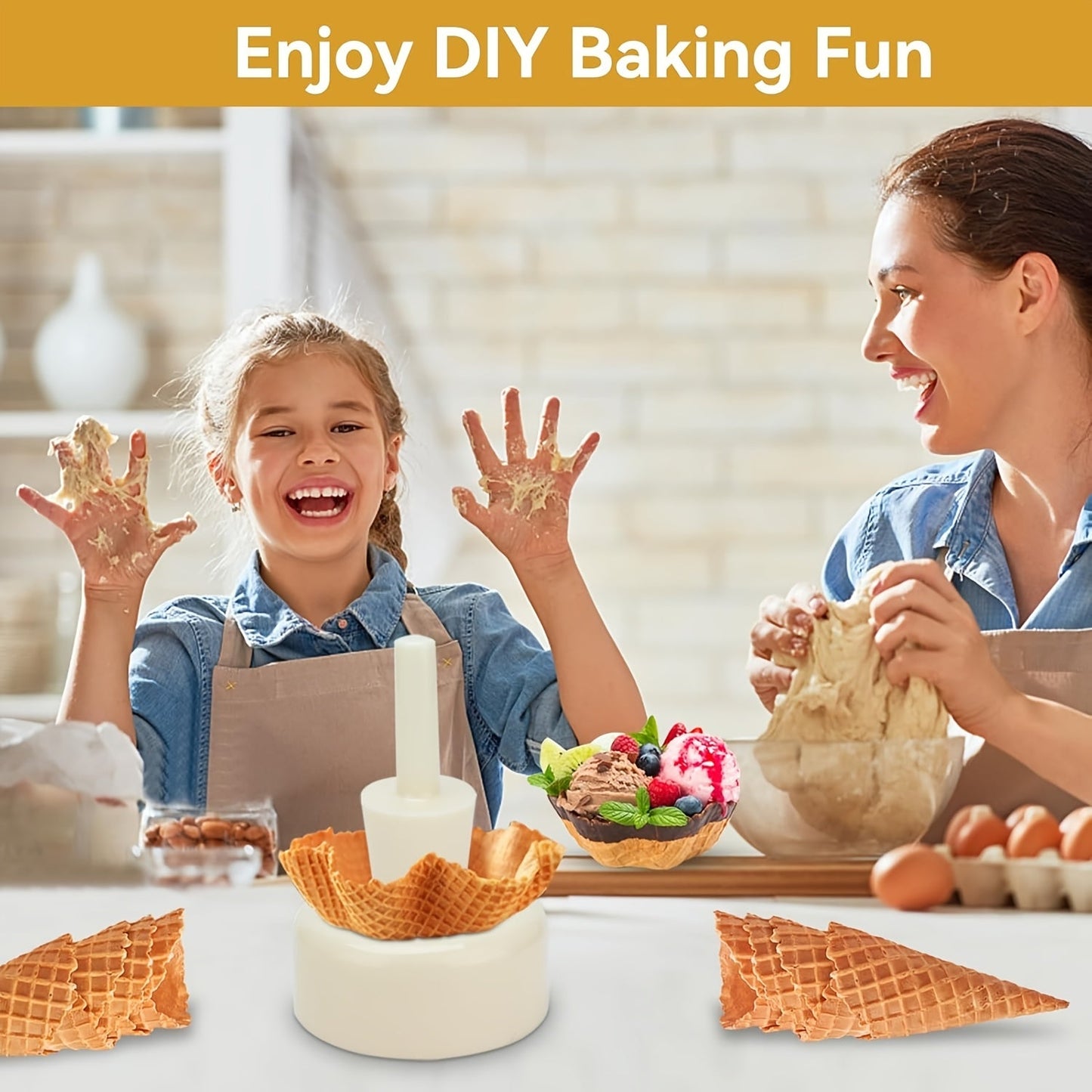 Make your own waffle cones at home with this set that includes a reusable ice cream cone and egg roll mold. This easy-to-use kitchen gadget is made of durable PP material and is perfect for cooking and baking.