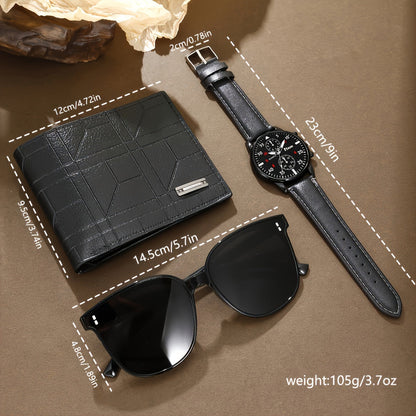 Men's Fashion Accessory Set includes 3 pieces: Quartz Watch with Non-Waterproof Alloy Case, Pointer Display, and Electronic Drive. Battery powered with Faux Leather Strap and Button Battery included. Perfect for Watches, Glasses, and Wallet Combo in