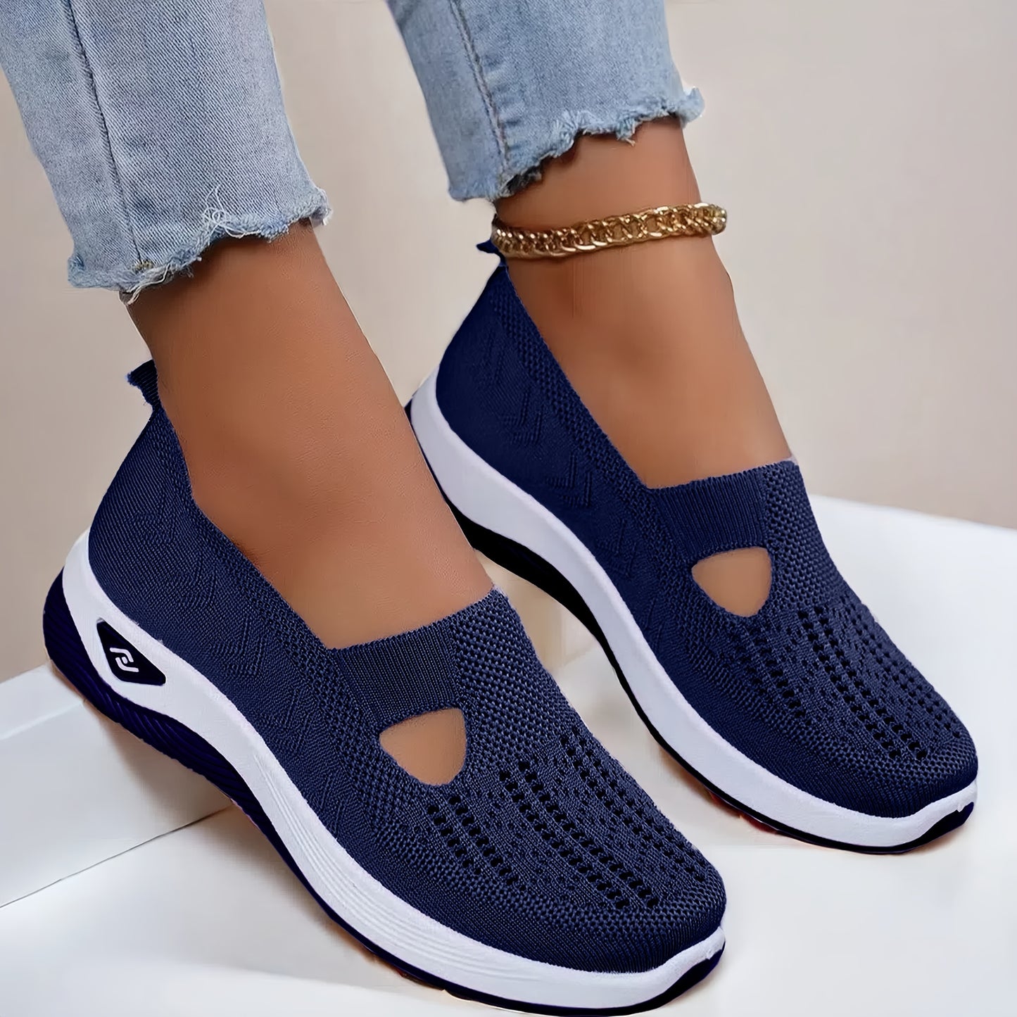 Women's lightweight knitted sneakers with PVC sole, fabric insole and upper, all-season wear, slip-on closure, machine washable.