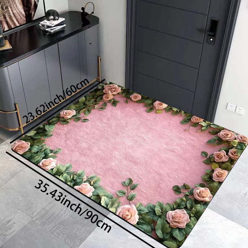 Polyester Doormat with Floral Design, Machine Washable, Non-Slip, 8mm Thick, Decorative Indoor Entrance Mat in Rectangle Shape for Kitchen, Living Room, Bedroom.