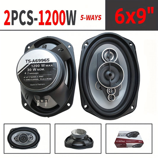 Two high-fidelity 5-way coaxial speakers (15.24X22.86 cm, 1200W) designed for vehicle door audio systems, delivering full-range frequency sound for music and subwoofer applications.