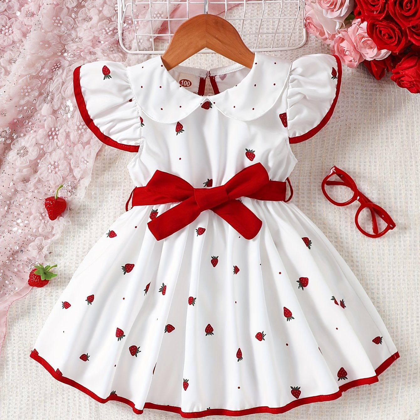 Girls' sleeveless strawberry print dress with ruffle hem, red belt - casual polyester, machine washable - ideal for summer.