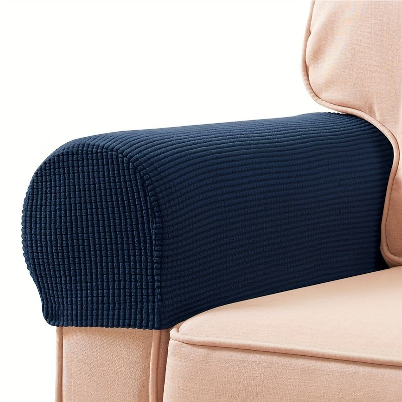 2 Stretch Armrest Covers made of durable spandex blend with plush texture. Scratch & dust resistant, and machine washable. Fits single to four-seater sofas & recliners in various colors.