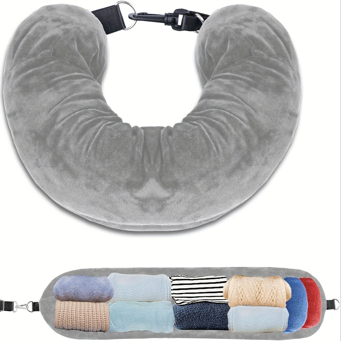 Travel in comfort with this lightweight, soft U-shaped travel pillow. Features include a storage pocket, machine washable design, adjustable firmness for whole body support, and a woven polyester cover. Convenient for all your traveling needs.