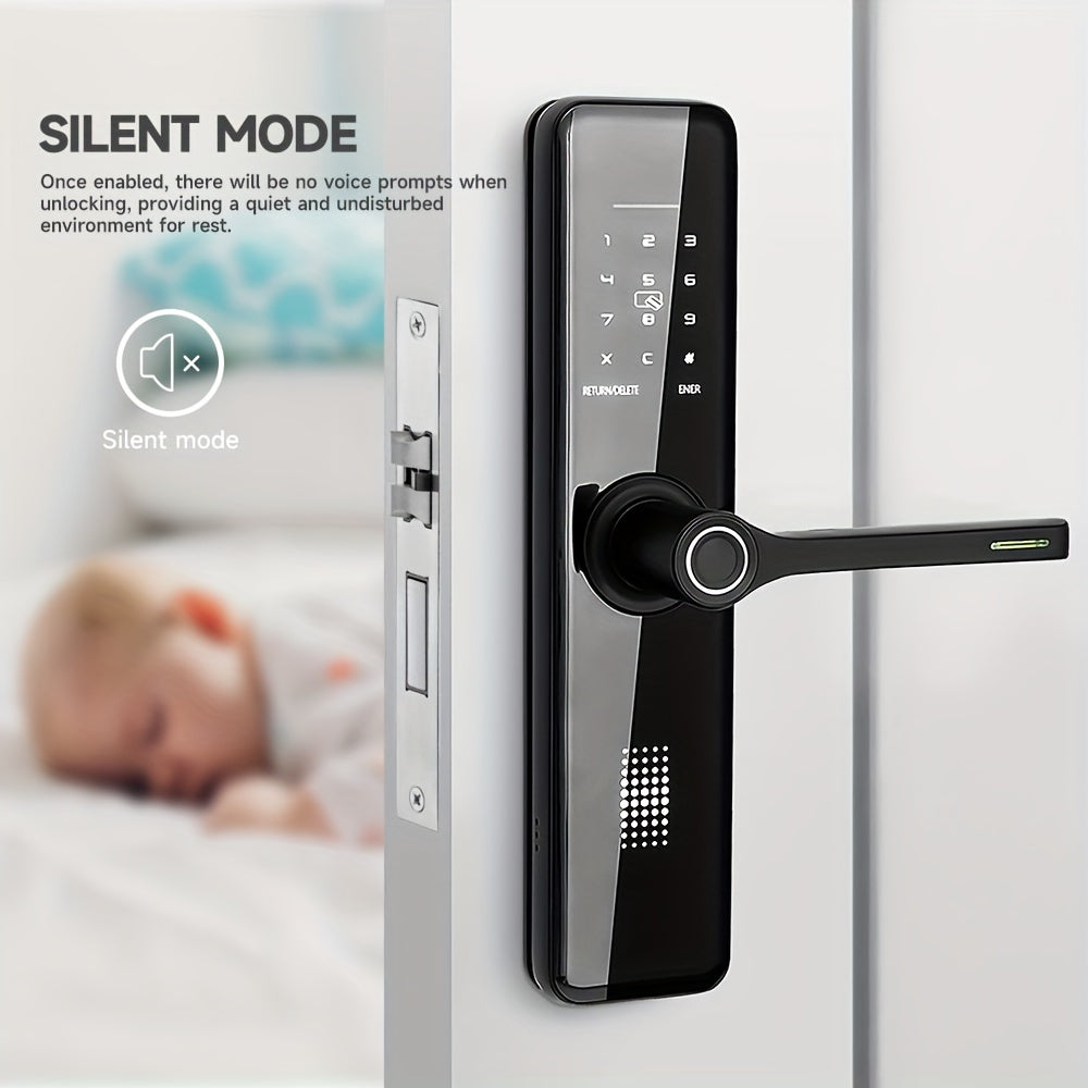 The SUMUS Smart Door Lock is a keyless entry, front door lock made of aluminum alloy. It is universal, battery powered, with Wi-fi, and includes an app and keypad. Shock-resistant but