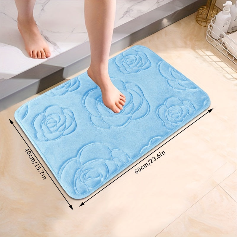 Soft and luxurious bath mat featuring a beautiful rose embossed design. This non-slip bathroom rug is made of ultra-soft knit polyester, providing superior comfort and absorbency. Lightweight and washable, this versatile mat is perfect for use in the