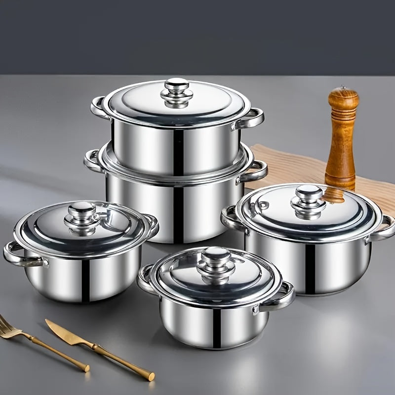 This set includes 10 pieces of stainless steel pots with specifications of 18.01/19.99/22.0/24.0/26.01 cm. The pots are silvery in color and come with double handles and lids. The set includes 5 pots and 5 lids, suitable for both home and restaurant