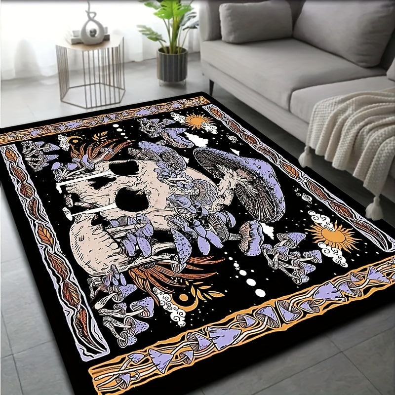 Non-Slip Door Mat with Skull & Mushroom Pattern - Easy to Clean in Washing Machine, Ideal for Adding Style to Living Room, Bedroom, Bathroom, and Entryway