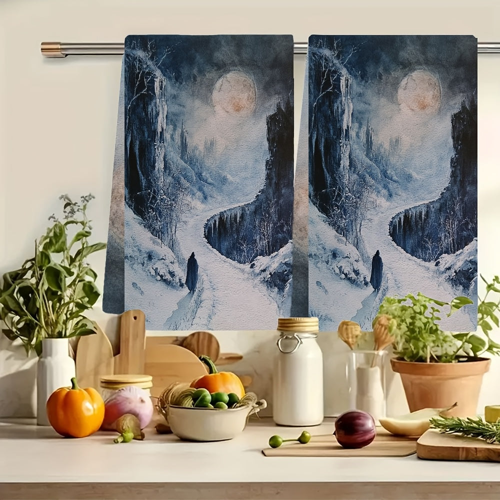 Two pieces of ultra soft kitchen towels featuring the Painted World of Ariandel design. These highly absorbent and machine washable dish hand towels measure 40.64x60.96 cm, making them ideal for holiday decor and drying dishes.