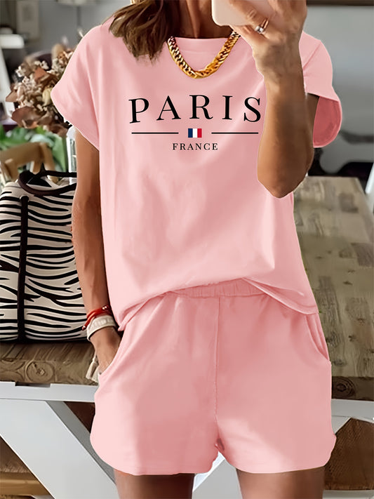 Paris France Letter Print Two-Piece Set for Women: Short sleeve crew neck t-shirt and shorts made of 96% polyester and 4% elastane knit fabric, suitable for all seasons.