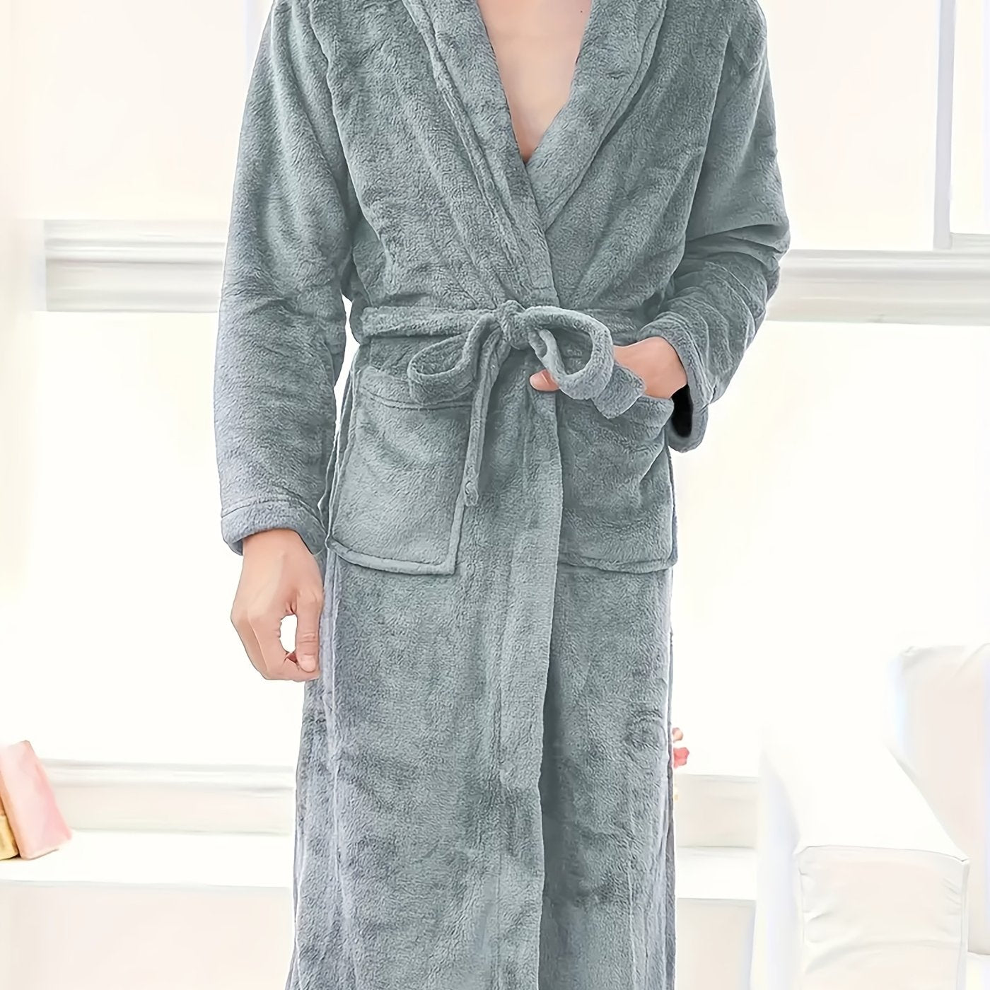 Men's long black fleece robe with large pockets, casual V-neck, adjustable waist tie, cozy lounge wear.