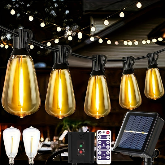 Solar ST38 String Lights in various lengths with shatterproof vintage ST38 Edison bulbs. Features 8 modes and remote control for easy use in outdoor spaces. Ideal for deck, garden, parties