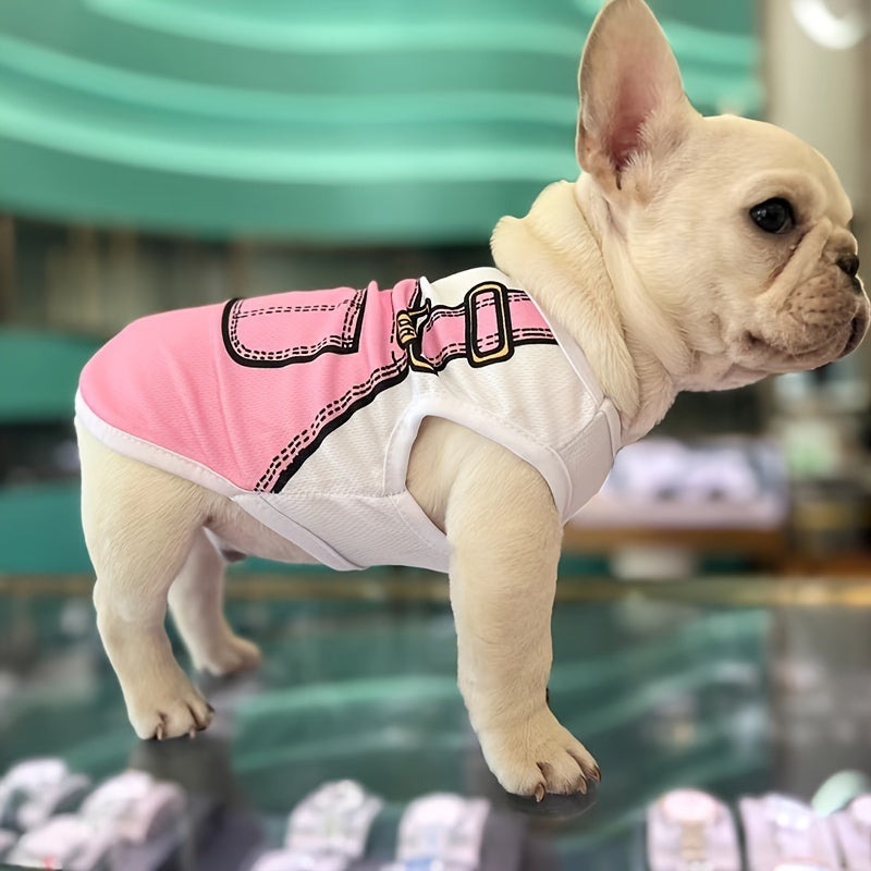 Cute cartoon dog t-shirts for small breeds made of soft polyester. Short sleeve vest tops with bow and accessory details, ideal for spring/summer. Easy pullover style, not washable. Fits