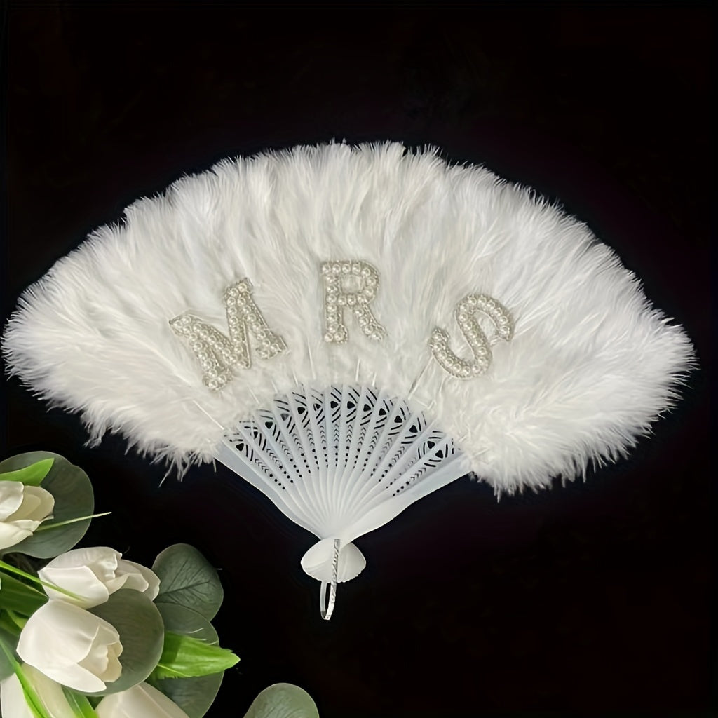 Stylish Bride Handheld Fan with Pearl and Rhinestone Embellishments, 13-inch Plastic White Fan for Weddings, Bachelorette Parties, Bridal Showers, and Honeymoons – Ideal Photo Prop and Gift for the Bride