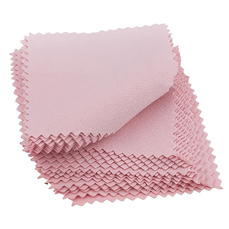 Pack of 50 Pink Jewelry Polishing Cloths made from ultra-fine microfiber to clean silver items. These non-textile polyester cloths do not contain any chemicals and are designed to shine and polish silverware.