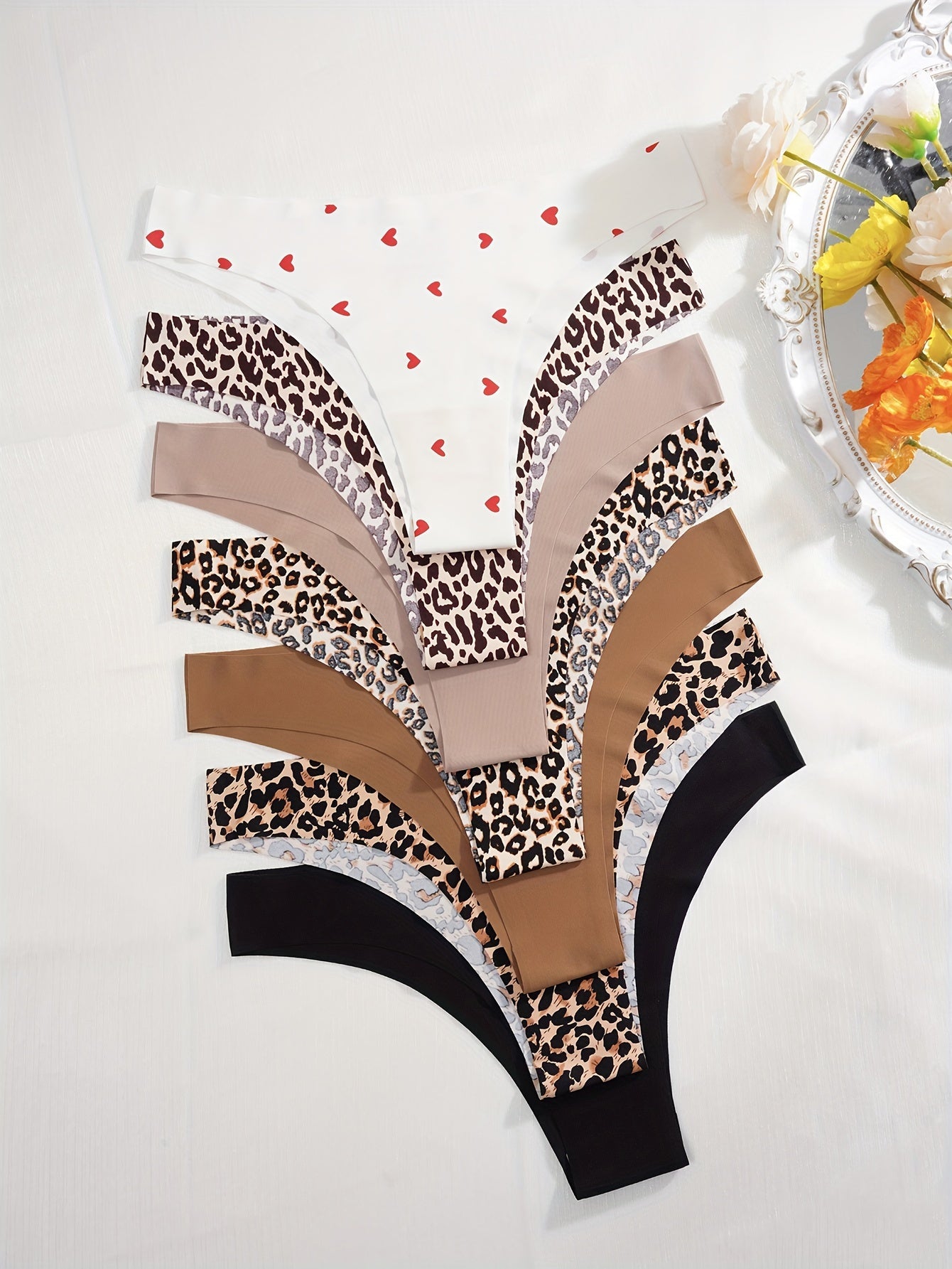 7pcs Leopard & Heart Print Panties, Seamless Intimates for Women