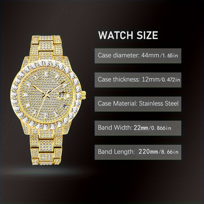 Luxury men's watch with luminous hands, large diamond, quartz movement, and hip-hop rock fashion design.