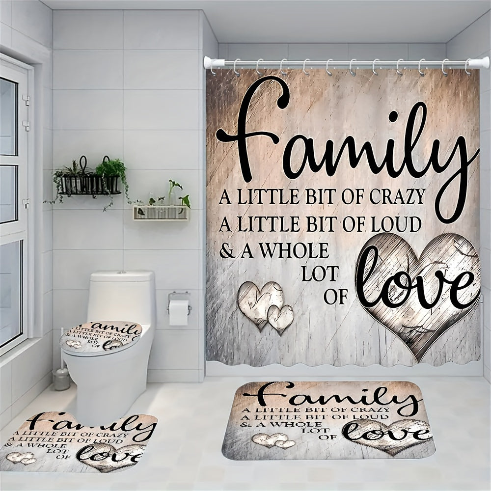 Artistic family bath decor set includes 4 pieces - water-resistant polyester, machine washable, includes non-slip mat, toilet lid cover, bathroom rug, and 12 plastic hooks.