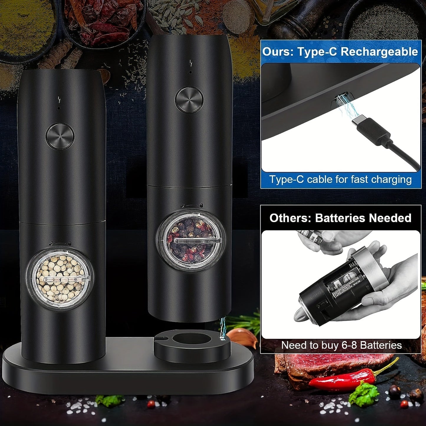 Set of 2 Electric Salt and Pepper Grinders, Rechargeable via USB with LED Light, One-Handed Operation, Adjustable Coarseness, Refillable Base, Kitchen Gadgets and Supplies, Perfect for Christmas or Halloween Gifts