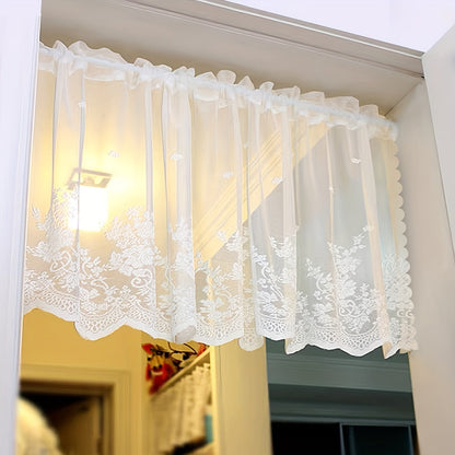 This affordable Lace Small Flower Cafe Curtain is dainty and charming, perfect for adding a touch of elegance to your kitchen or dining room. The curtain features a rod pocket design and is made of delicate white lace, making it suitable for window and