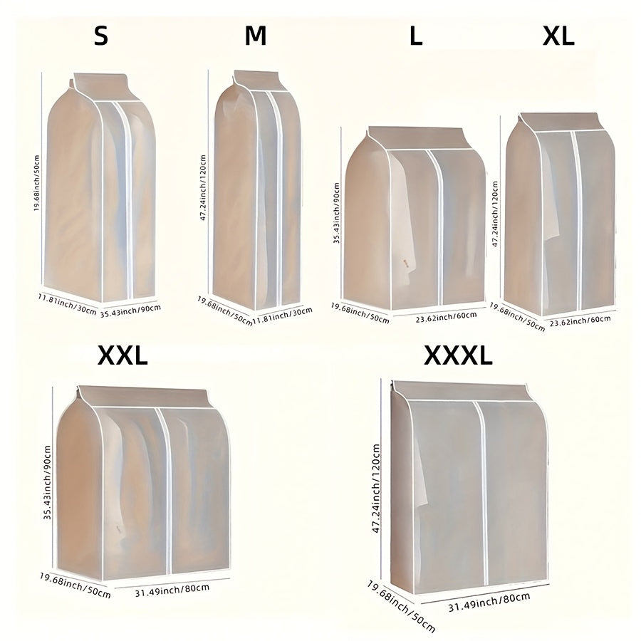 Foldable, transparent wardrobe bag for dustproof protection of hanging clothes.