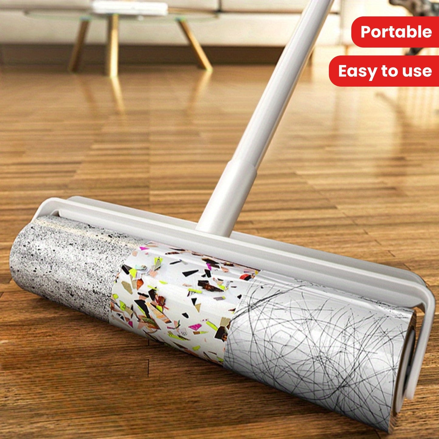 Hair remover roller set includes 1 adhesive roller, 1 extendable rod with 30 tear paper sheets. This portable pet hair removal tool is perfect for furniture, carpets, and clothes. Easy to use with no battery required, it is a convenient floor cleaning