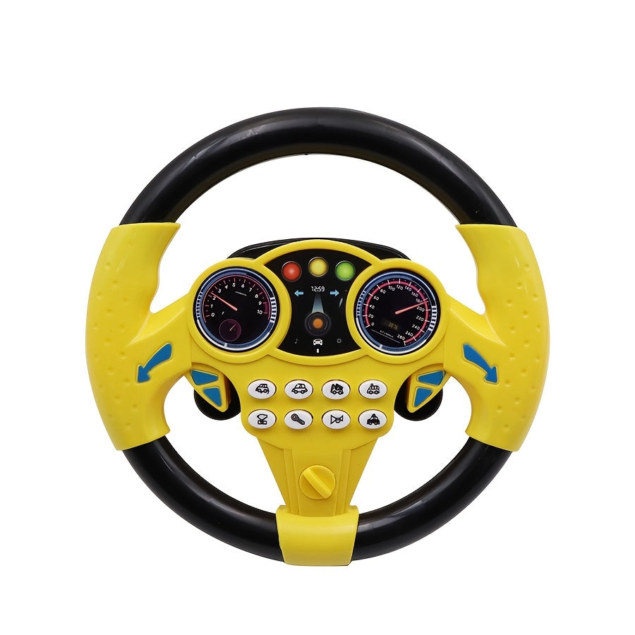 Children's driving simulator steering wheel toy with suction cups, educational interactive car wheel made of plastic. Multi-functional with sound effects in pink and yellow, perfect gift