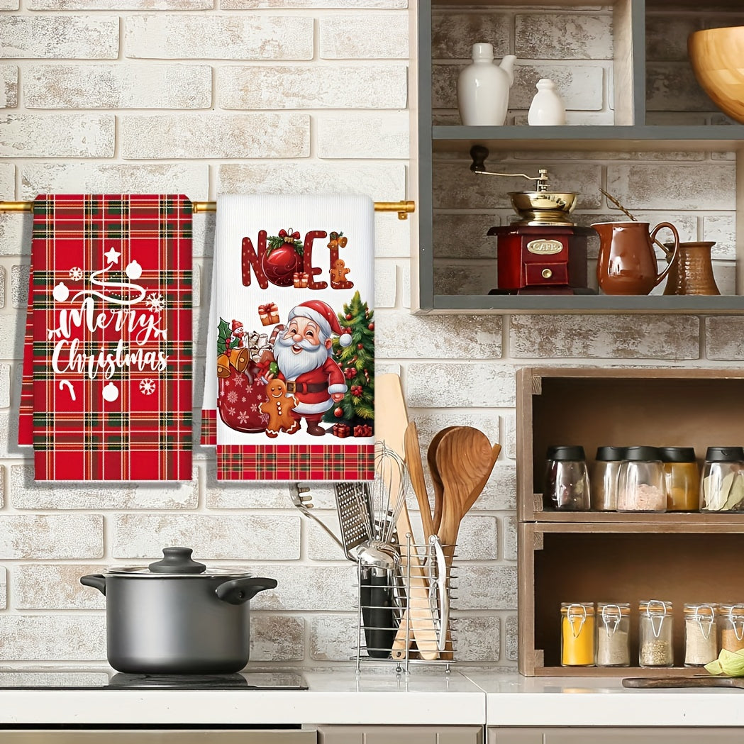 Set of 2 Christmas kitchen towels with Santa and gingerbread design. Made of quick-dry microfiber, featuring red plaid Merry Christmas pattern. Perfect for cooking, baking, and housewarming gifts. Size: 69.85x44.96 cm.