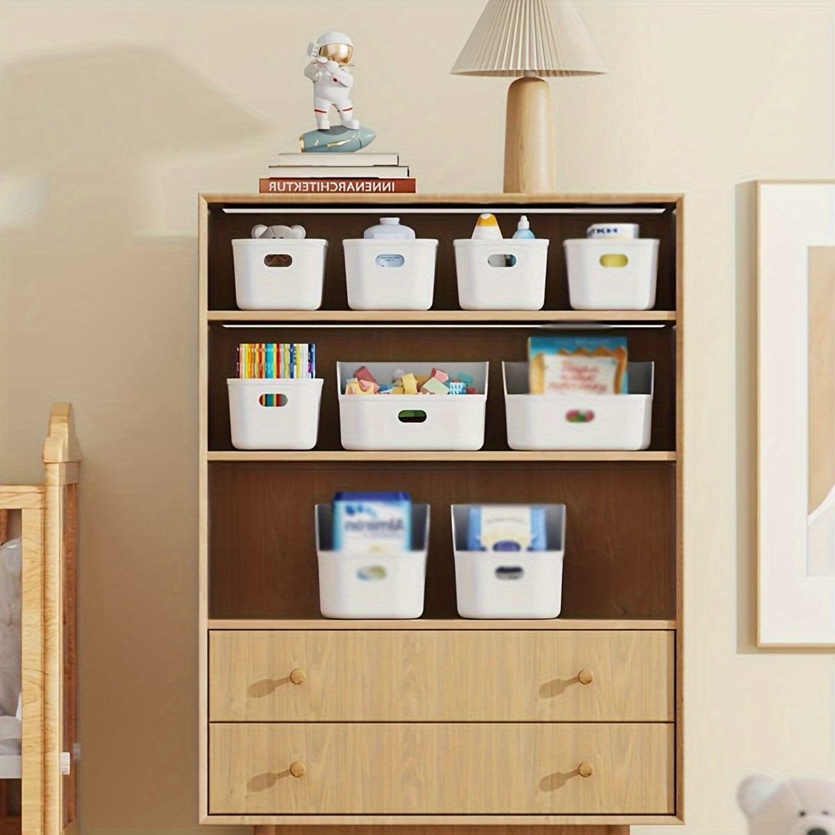 2 White Plastic Storage Bins for Kitchen, Bedroom, and Bathroom Organization.