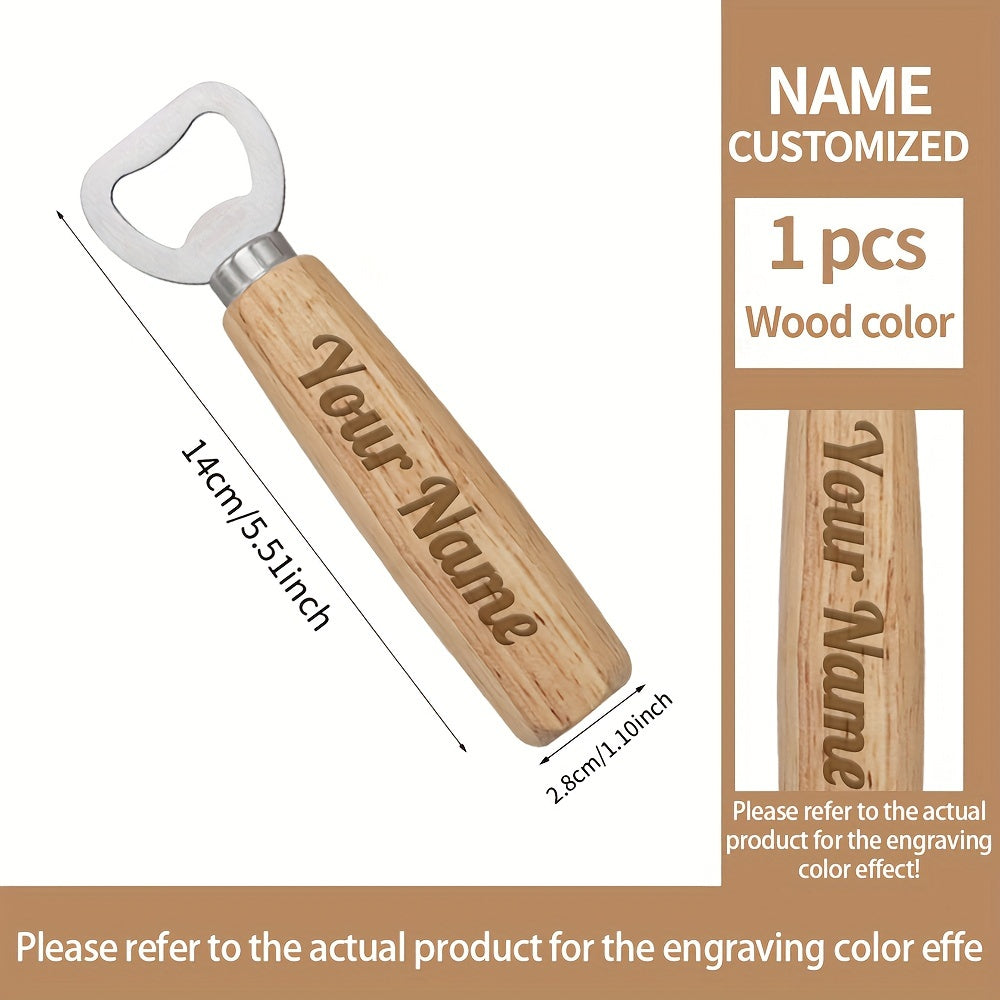 Custom engraved wooden beer bottle opener doubles as a keychain, great for holidays and parties. Personalize with name or logo.