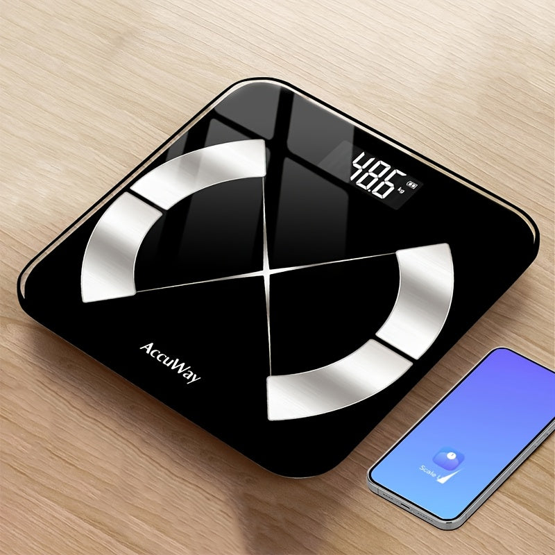 ACCUWAY Smart Bathroom Scale with precision, HD display, 181.44KG capacity, BMI & muscle moisture analysis, and mobile app connectivity.