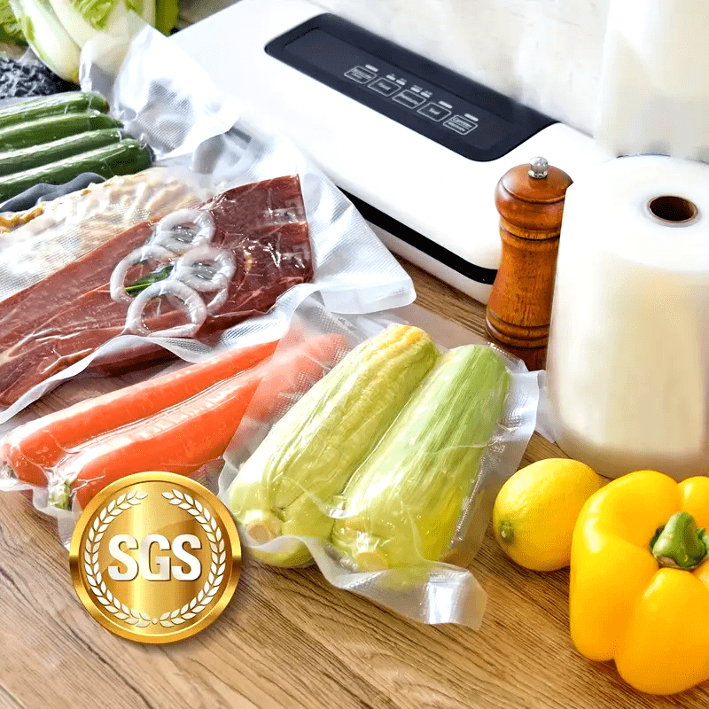 2 Rolls of 10 Meters in Total Food Vacuum Sealer Bags, Made with Durable Plastic for withstanding -18°C Temperatures, Ensuring 10% Freshness, and Achieving a 90% Vacuum Seal. Specifically designed for use in Kitchens and Restaurants.