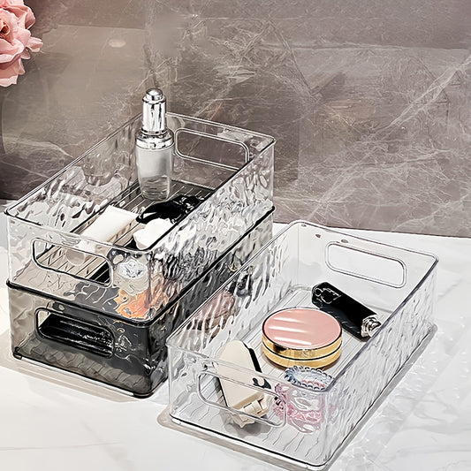 Clear water ripple plastic storage basket perfect for organizing makeup, skincare, snacks, and bathroom accessories. Ideal for back to school and dorm essentials.