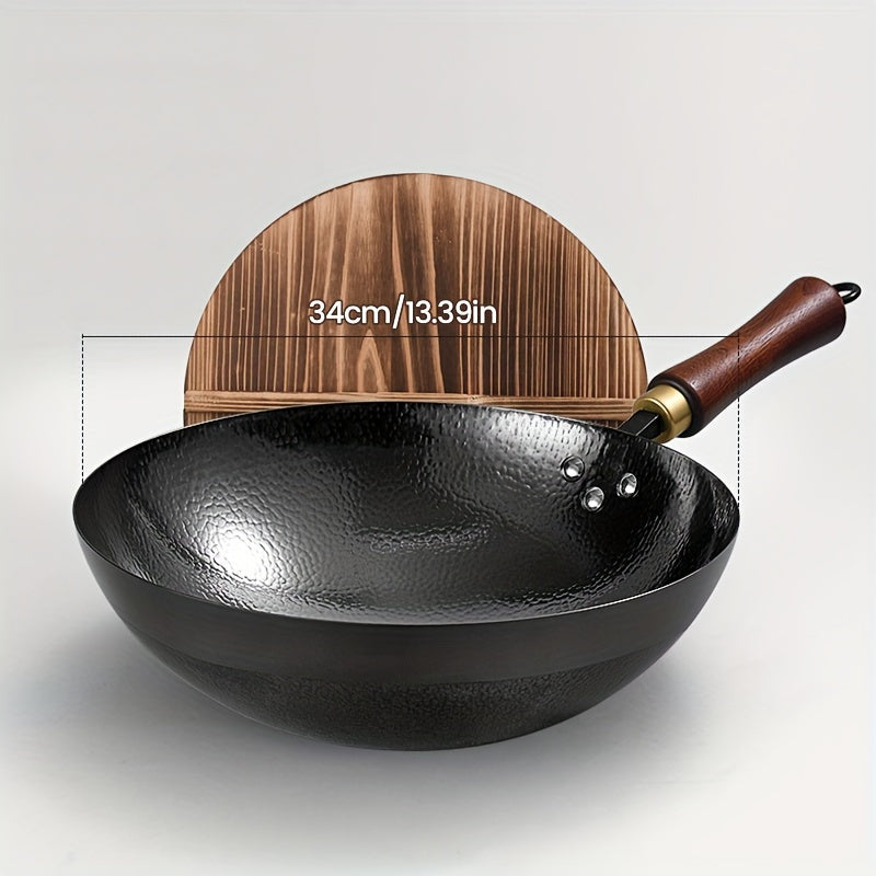 Hand-Forged Traditional Cast Iron Wok with Wooden Lid and Handle - Healthy Coating-Free Cooking - Rivet Reinforcement - 32cm Chef's Pan