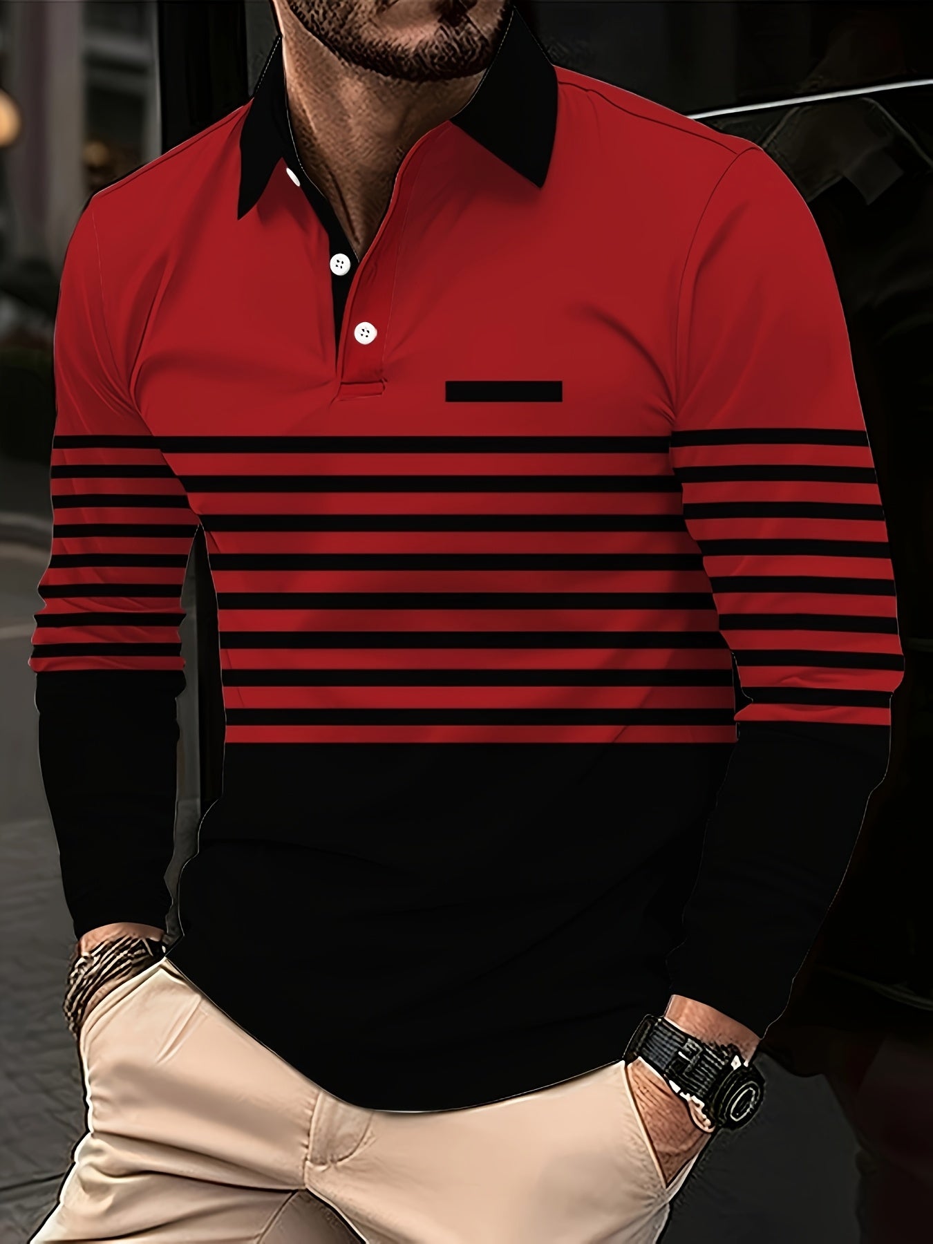 Men's fashion polo shirt with striped design, button lapel collar, made of 100% polyester knit fabric with slight stretch. Regular fit, suitable for spring and fall.