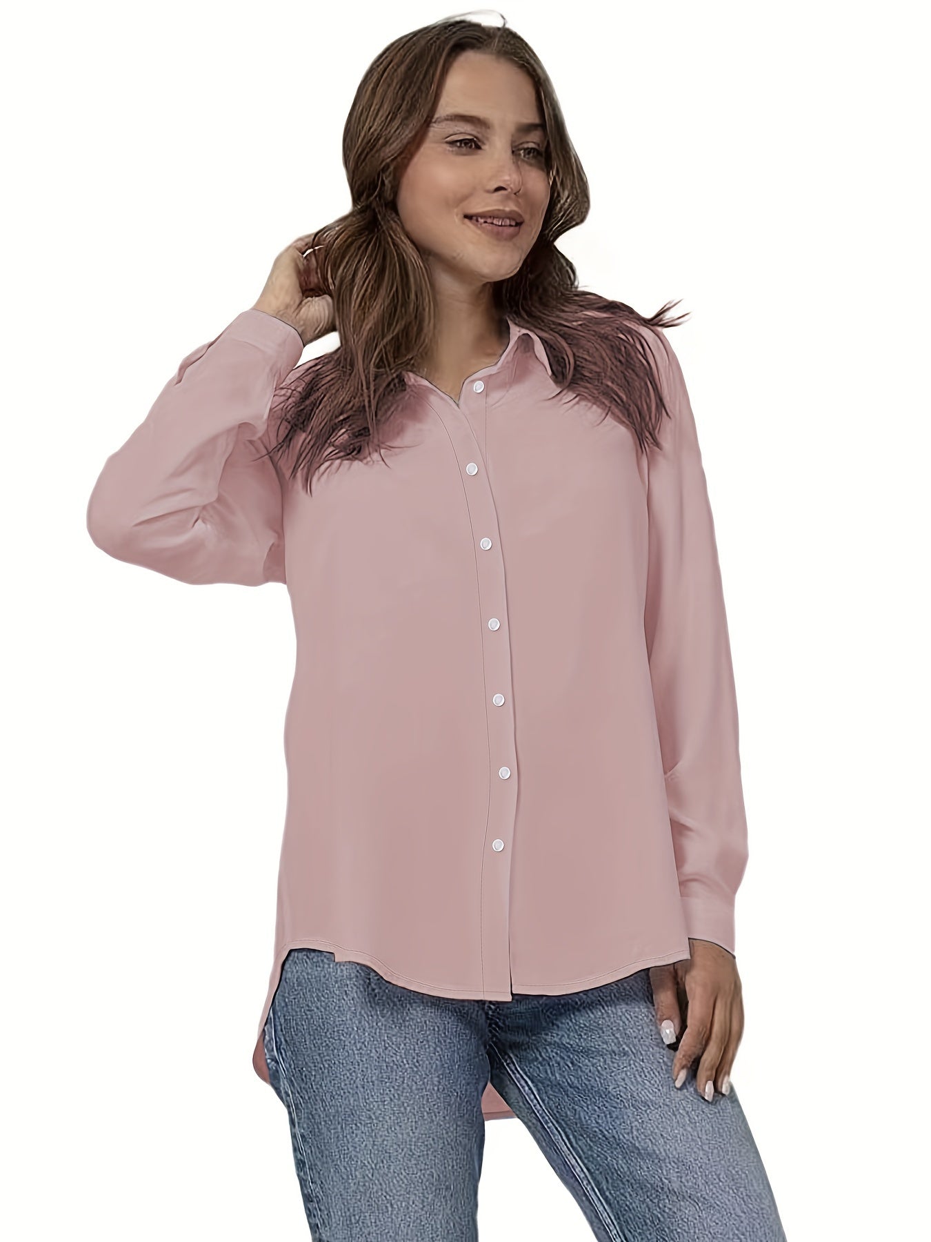 Solid Button Front Shirt with Roll Up Sleeves for Spring & Fall in Plus Size Women's Clothing.