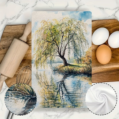 Set of 2 Ultra Soft Kitchen Towels featuring the "Willow by a Tranquil Lake" Design, Exceptionally Absorbent & Easy to Wash Dish Hand Towels, Modern Coastal Decor, 40.64x60.96 cm, Perfect for Holiday Season Decor, Decorative yet Durable Kitchen Textile