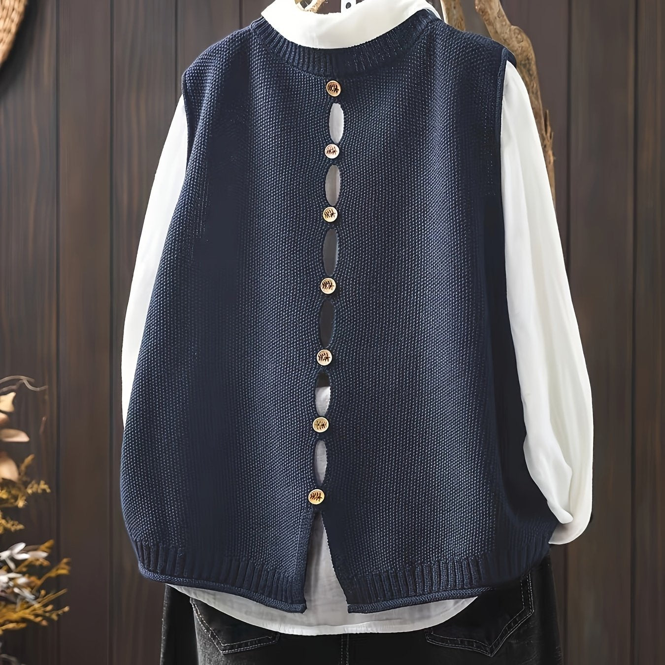 Stylish plus-size vest with solid color and button back design for casual wear.