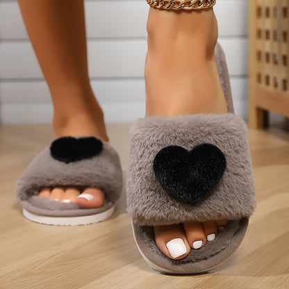 2024 New Women's Plush Fleece-Lined Winter Slippers - Non-Slip EVA Sole, Heart Pattern Indoor House Shoes in Black & Pink, Cozy Soft Fabric, All-Season Comfort. Casual, Relaxed Style