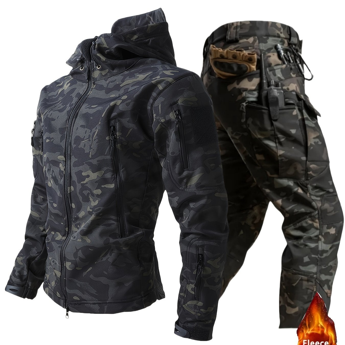 Two-piece men's casual sports suit includes a waterproof and breathable cargo set for outdoor sports, complete with a fleece multi-pocket hooded quick-drying jacket.