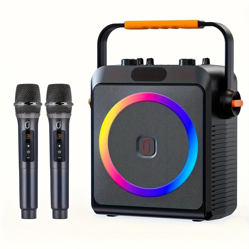 Black T19-T Karaoke Machine with 2 wireless microphones, treble/bass adjustment, human cut feature, 8 sound effects, BT/USB/SD/AUX support for parties and live streaming.