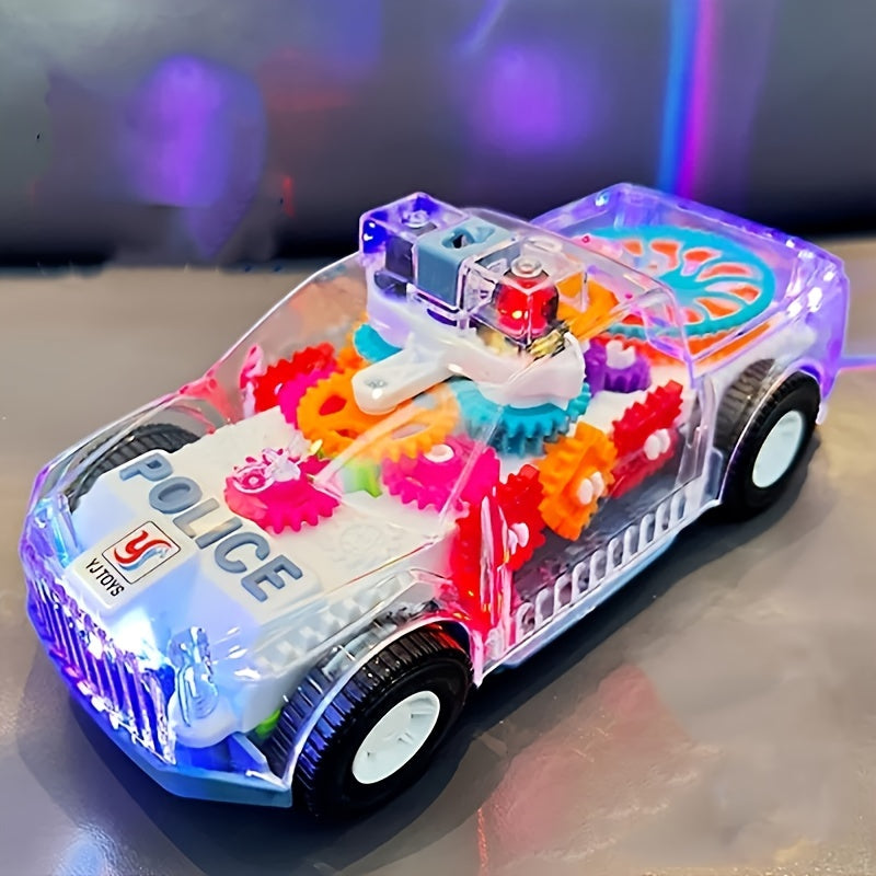 Electric car toy with lights and music, featuring transparent gear and police car design.