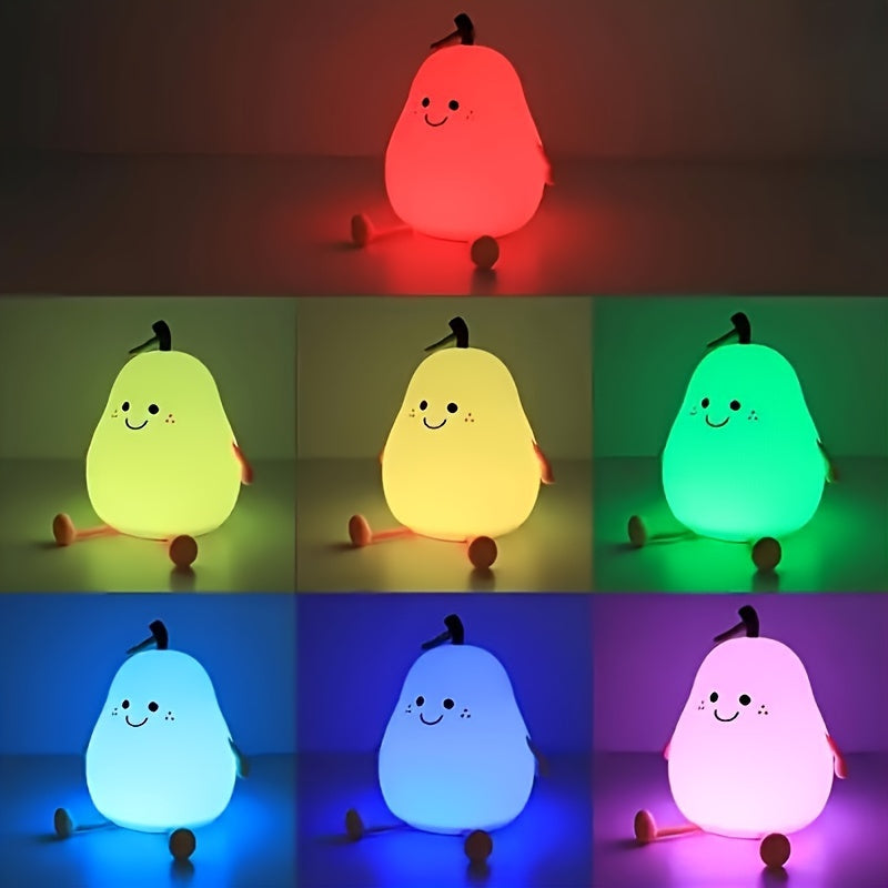 Pear-shaped LED night light with touch control, USB rechargeable, adjustable brightness, and multiple colors - ideal for bedroom ambiance.