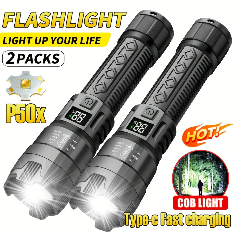 800mAh rechargeable P50 LED flashlight with zoom, USB charging, and polished metal finish - ideal for night activities like walks, fishing, and camping.