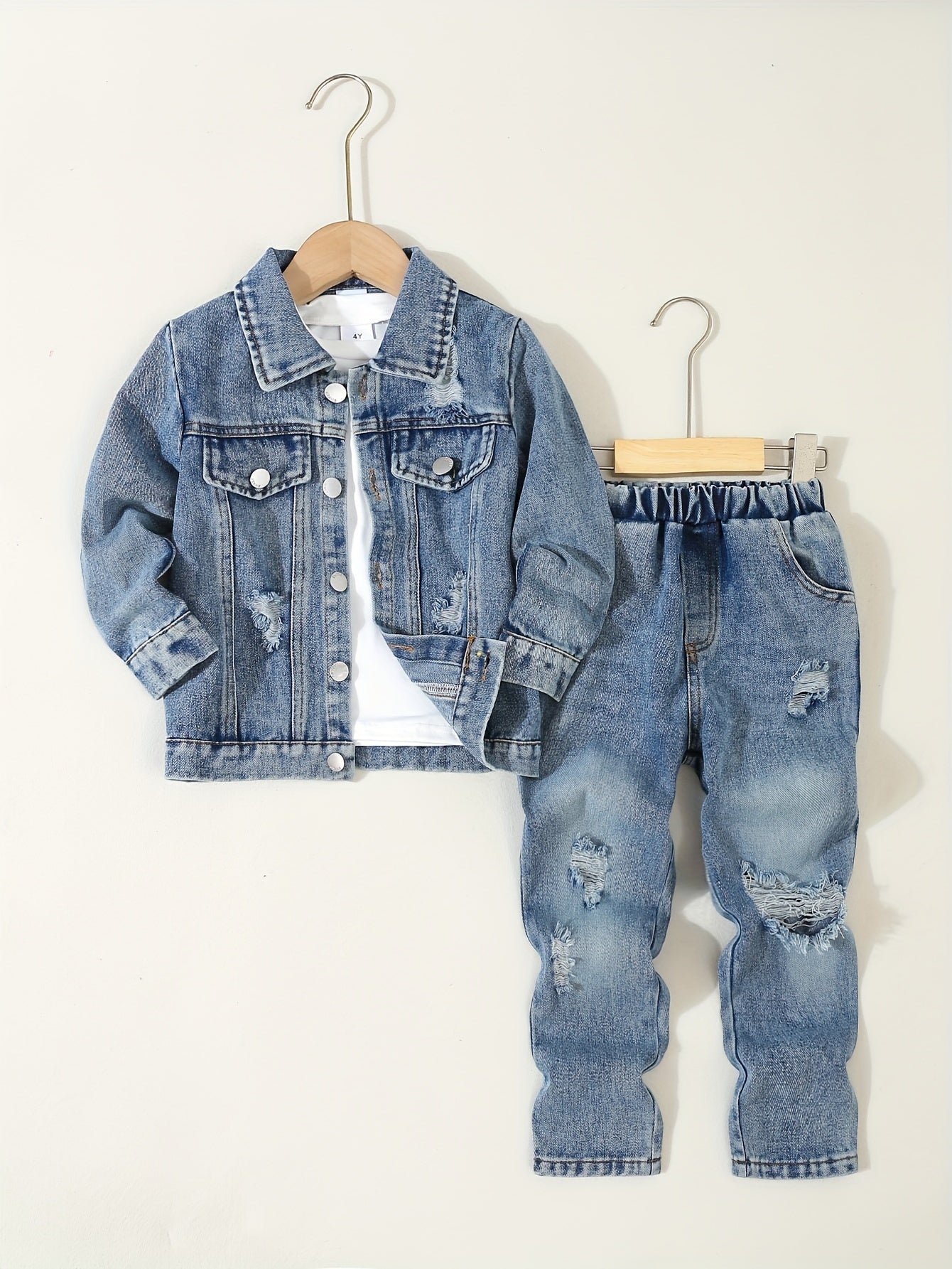 3pc set: Boy's denim jacket, long sleeve tee, ripped jeans. Stylish, casual, and comfortable outfits for autumn and winter outdoor wear.