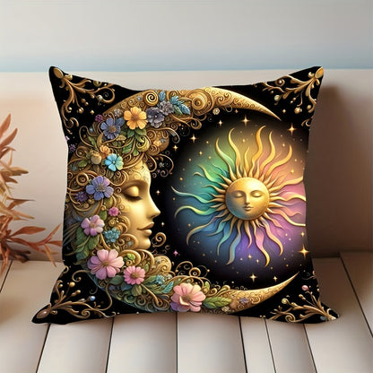 Bohemian-style celestial sun and moon pillow cover, 44.96x44.96 cm, machine washable polyester knit fabric, ideal for home and bedroom decor. Zippered decorative cushion cover, perfect for living room. Architectural collectible accessory (pillow insert