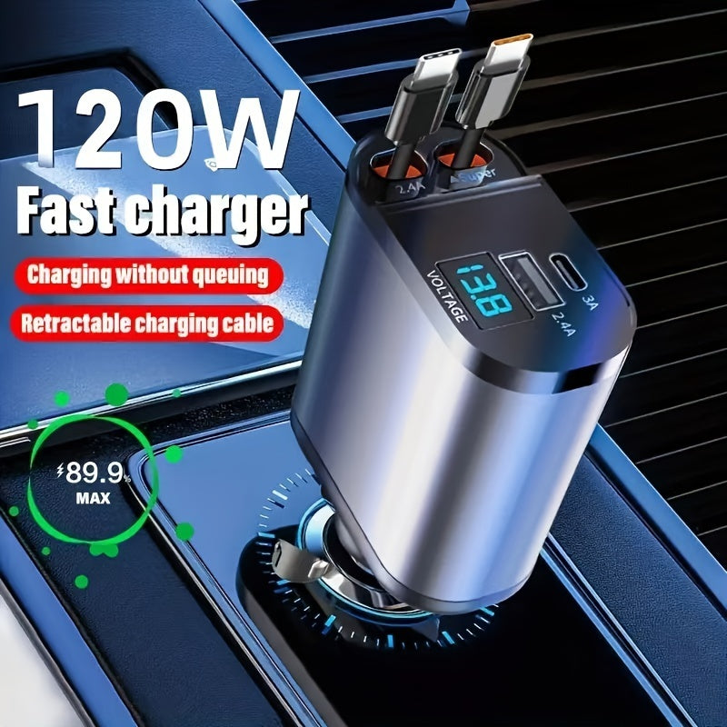 120W Fast retractable Type C car charger with two cables and USB port adapter.