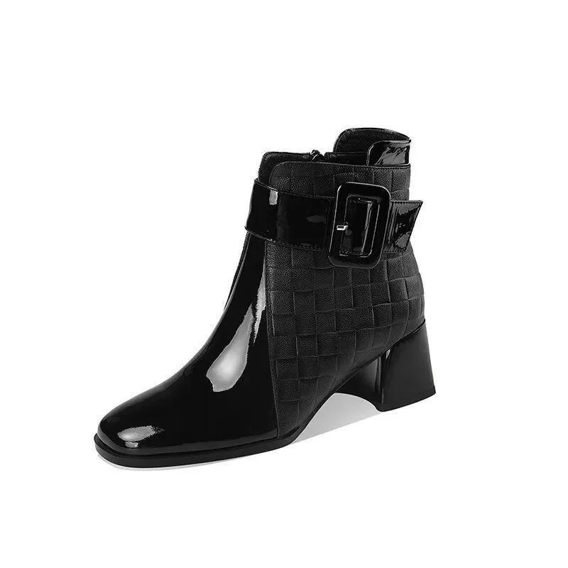 Stylish ankle boots with chunky heel, retro buckle design, side zipper, and comfortable PU cover.