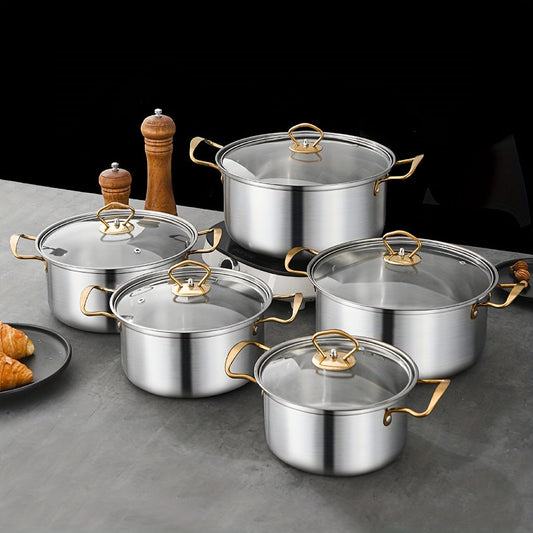 Durable 10-Piece Stainless Steel Cookware Set featuring Glass Lids and Double Handles in a Beautiful Golden Finish - Ideal for Home, Dorm, Camping, and Cooking Soups & Stews. This Kitchenware Set is Dishwasher Safe and compatible with all Stovetops.